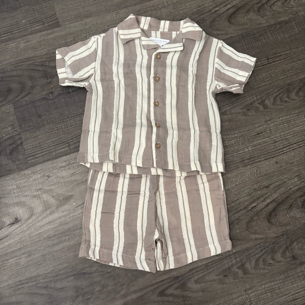 Striped Beige and White Button-Up Shirt and Shorts Set